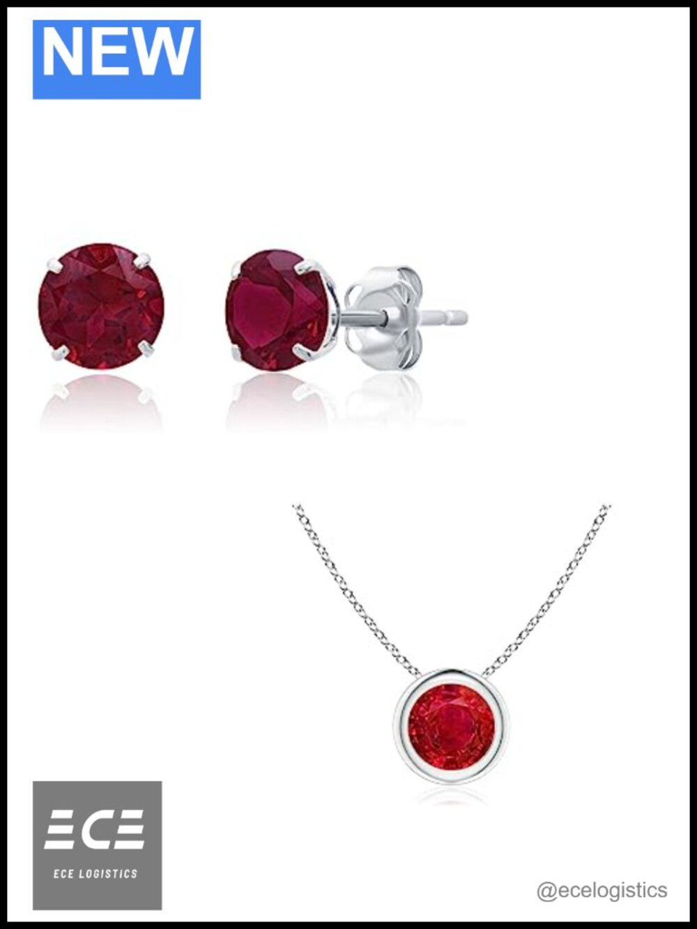 14k White Gold Created Ruby Stud Earrings & Pendant Necklace Set for Women